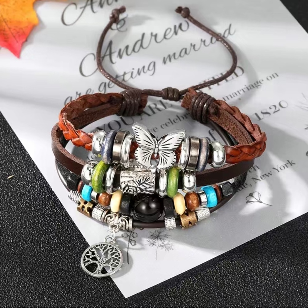 Fashion Handmade Braided Beaded Bangle Butterfly Pendant Faux Leather‎ Bracelet